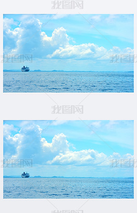 beautiful blue sea and clouds on sky with big steamship