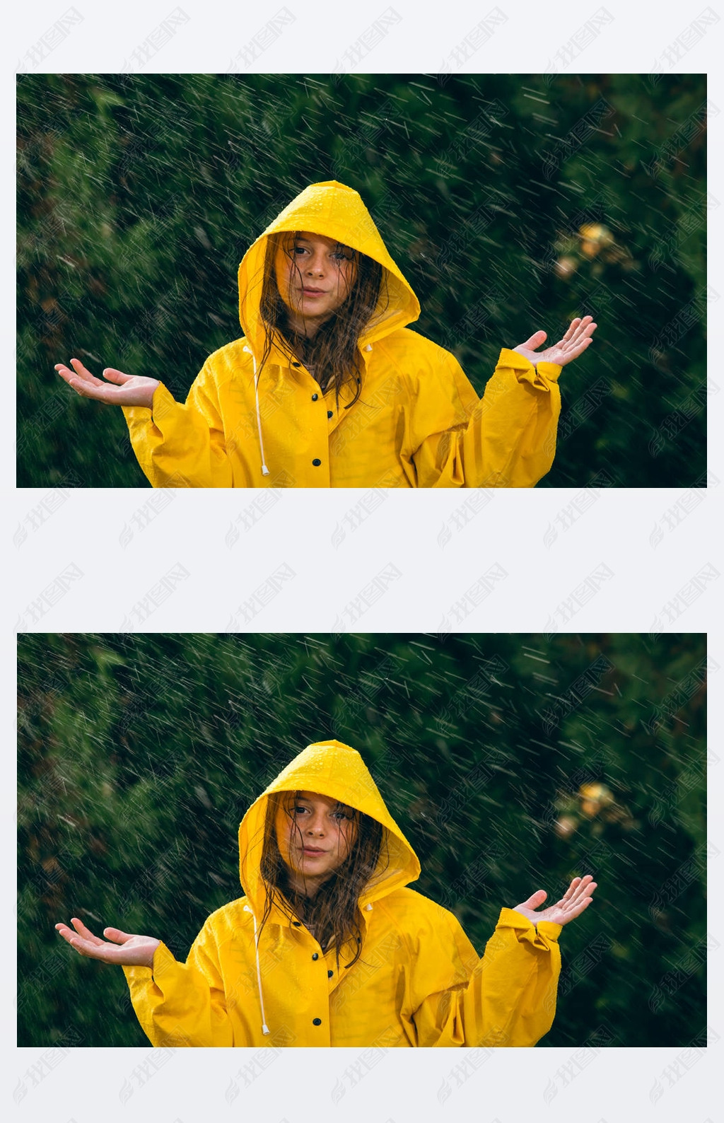 原创穿黄色雨衣的女孩在雨中玩得开心版权可商用