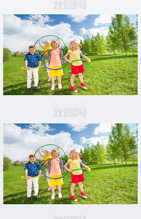 children holding hula hoops in park