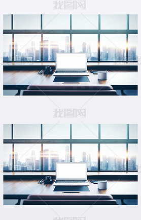 Photo of laptop on the worksplace with panoramic windows.  City at sunrise in a background. 3D rende