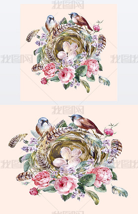 Classical watercolor floral vintage greeting card with rose birds nests and feathers