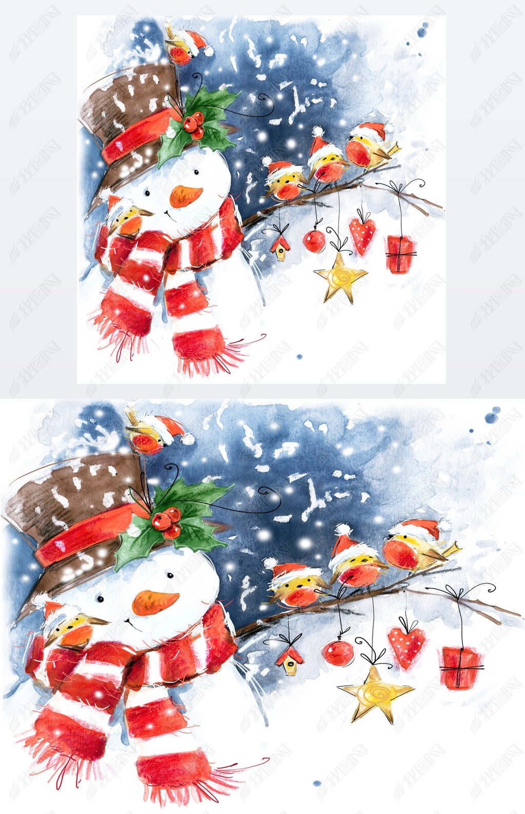 Watercolor snowman and cute bird. Snowman, snow, snowflake, bird watercolor. Winter Holiday design.