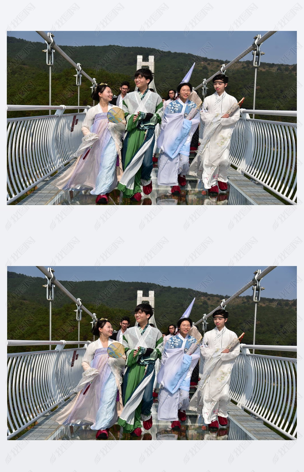 Models dressed in Hanfu or traditional Chinese costume pose on a glass-bottomed bridge in Foshan cit