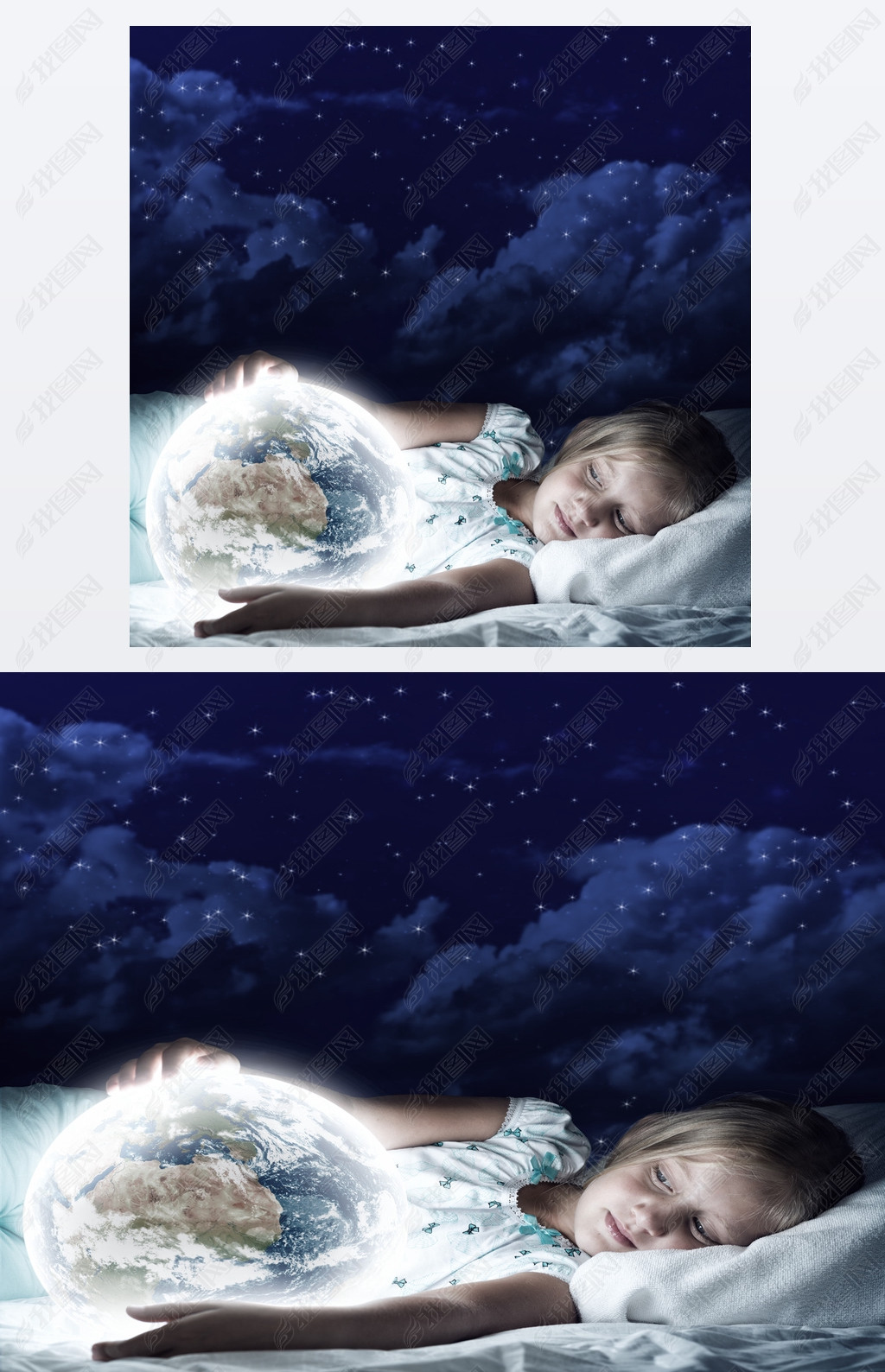 女孩在床上看着地球的行星