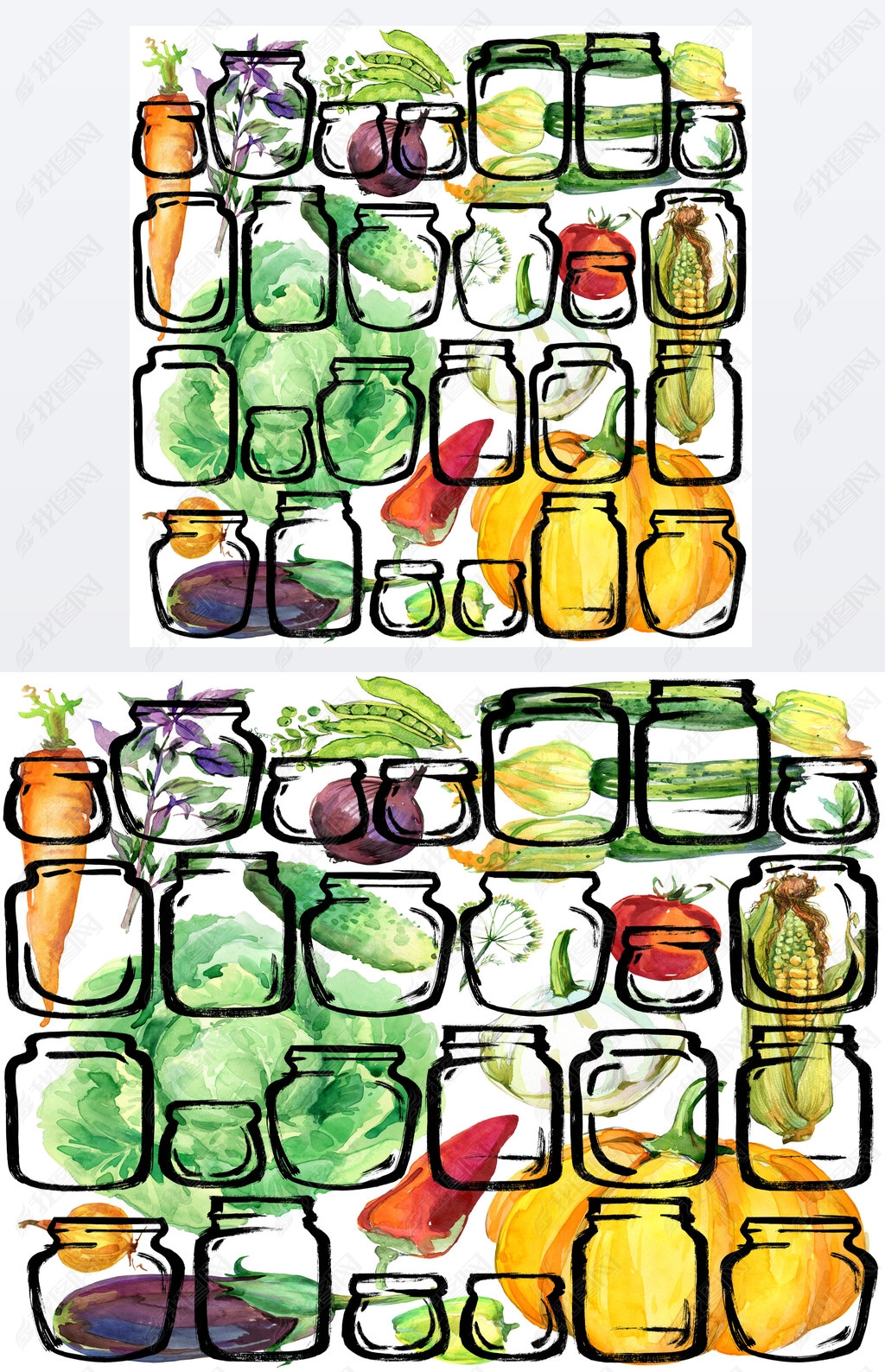 Vegetables. watercolor organic garden vegetables illustration. watercolor Canned vegetables and herb