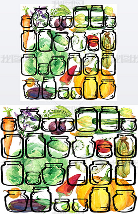 Vegetables. watercolor organic garden vegetables illustration. watercolor Canned vegetables and herb