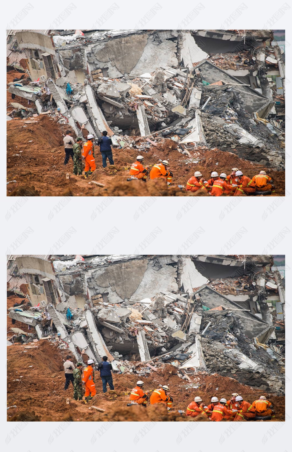 Chinese rescuers rest on the debris of a collapsed building at the site of the landslide, which hit 