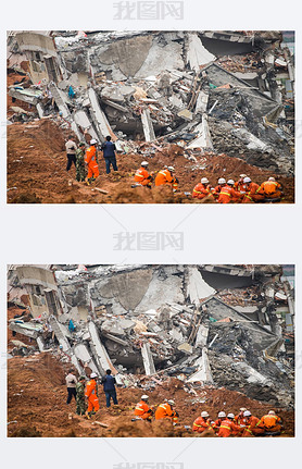 Chinese rescuers rest on the debris of a collapsed building at the site of the landslide, which hit 