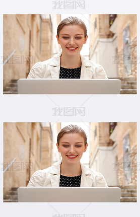 business woman using a laptop computer outdoors