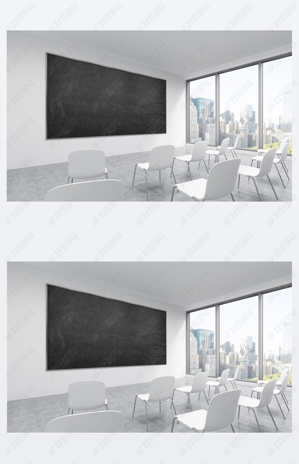 A classroom or presentation room in a modern university or fancy office. White chairs, a black chalk