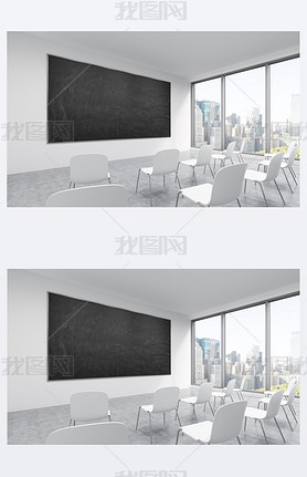 A classroom or presentation room in a modern university or fancy office. White chairs, a black chalk
