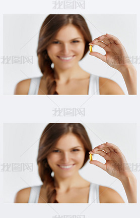 Nutrition. Healthy Lifestyle. Woman Holding Pill With Fish Oil O