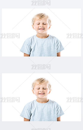 cheerful kid with closed eyes iling isolated on white 