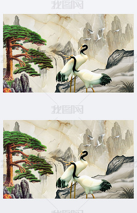 Landscape illustration, marble, mountains, a pair of cranes, green pine on a rock