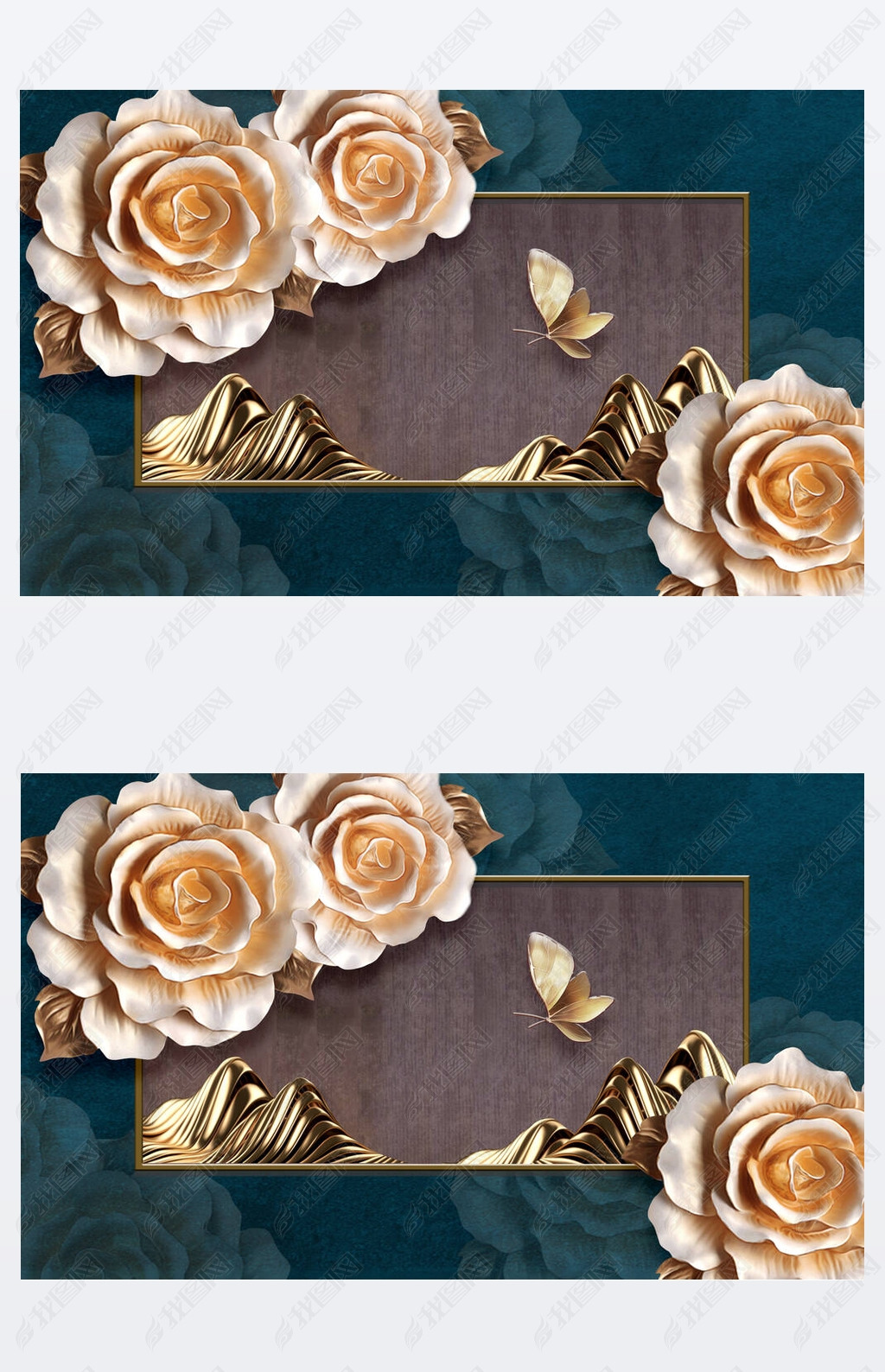 3d illustration, dark green background, large beige roses and a large beige butterfly, gold frame wi