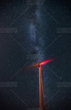 Wind turbines on the starry night sky with milkyway