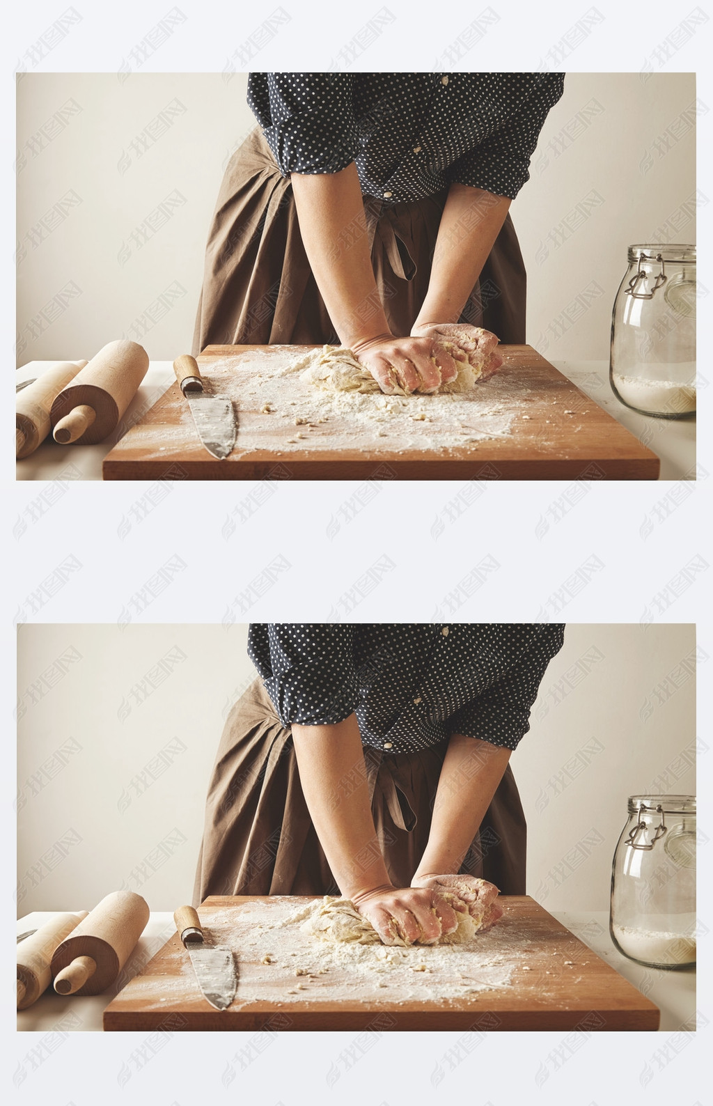 Woman kneads dough for pasta on wooden board