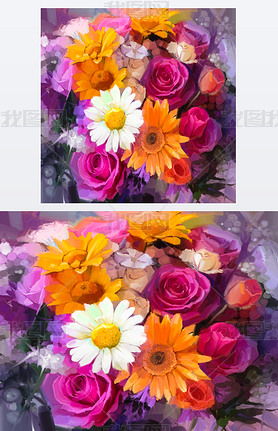 Closeup Still life of white, yellow and red color flowers .Oil painting a bouquet of rose,daisy and 