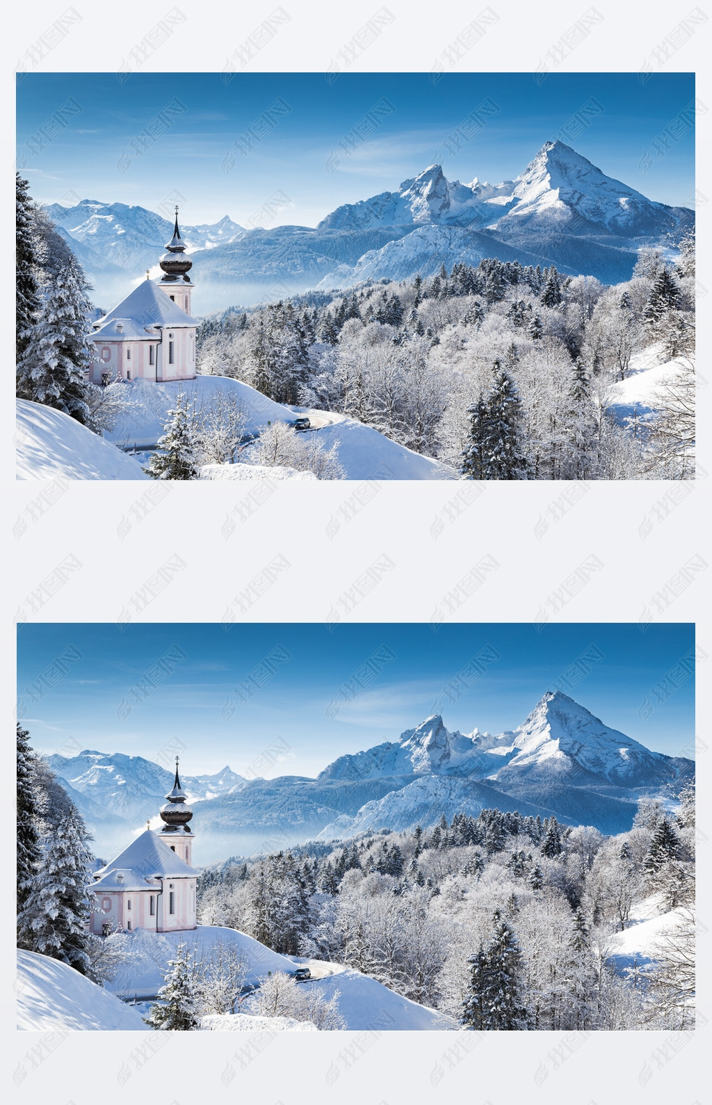 Idyllic winter landscape with chapel in the Alps