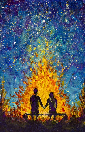 热恋中的年轻夫妇手牵手坐在长椅上，坐在篝火边，美丽的夜空，蓝色的宇宙，银河，星星，画布质感上的丙烯酸草图