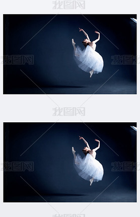 Young ballerina with a perfect body is dancing in the photostudio in different dresses