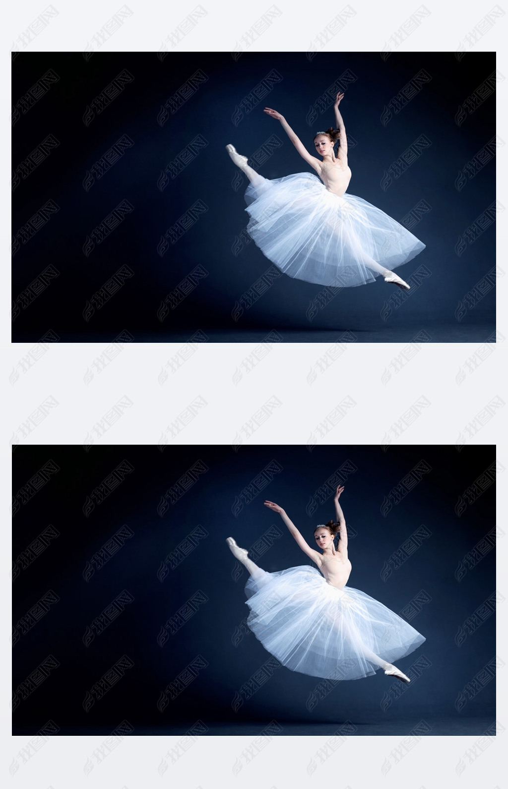 Young ballerina with a perfect body is dancing in the photostudio in different dresses