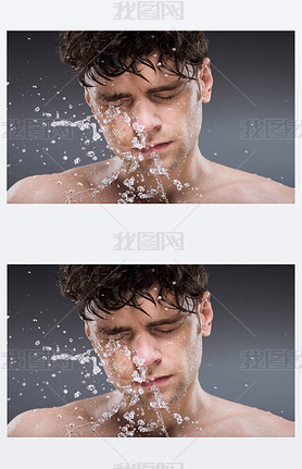 handsome man washing face with water in the morning, isolated on grey