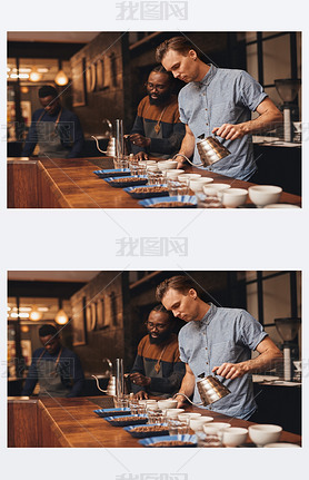 Baristas preparing coffee tasting in roastery