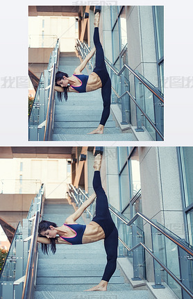 Portrait of beautiful strong woman in sportwear doing workout yoga exercise and stretching on the st