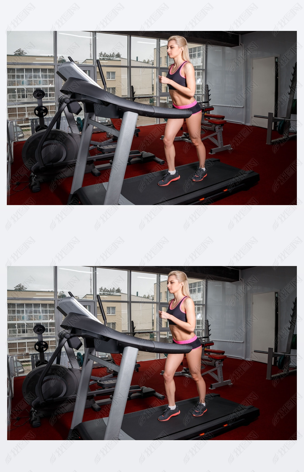 Athletic tanned blonde girl is at the gym. Doing the workout with a y sports costume. Running on 