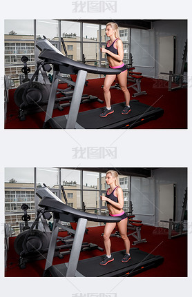 Athletic tanned blonde girl is at the gym. Doing the workout with a y sports costume. Running on 