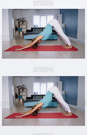 woman practicing yoga, downward facing dog pose indoor