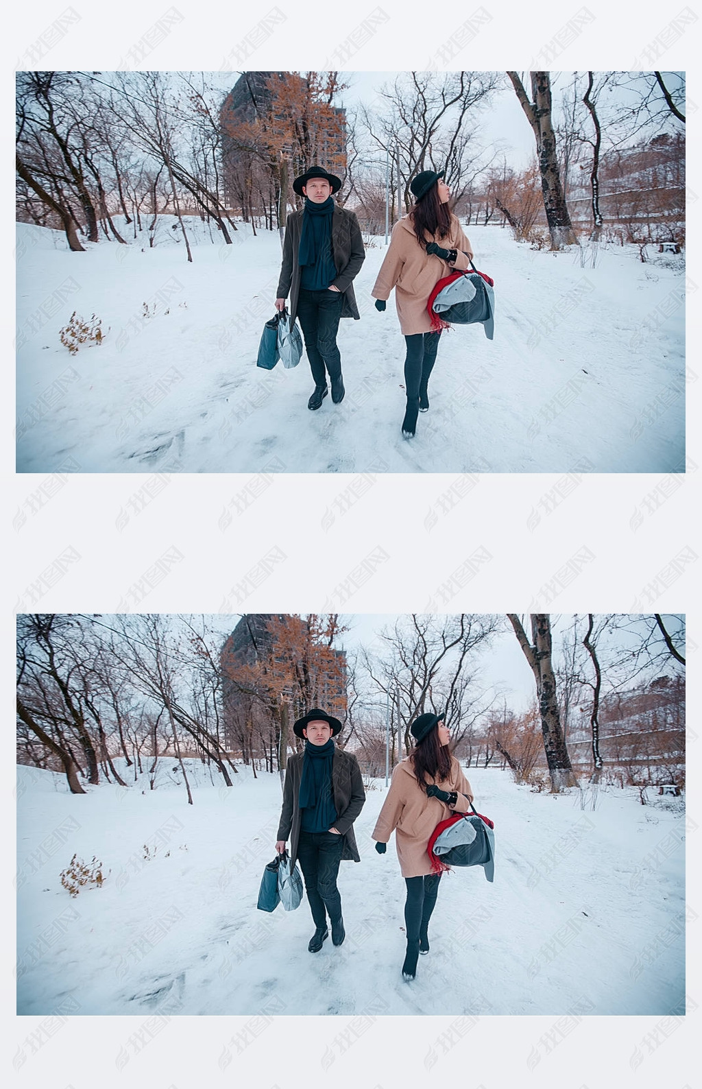 Young hipster beautiful couple in black hats in the winter forest,love,winter vacation in mountains,