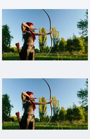 女性的姜黄色头发弓箭手射击目标与她的弓和箭。浓度、 目标、 成功概念.