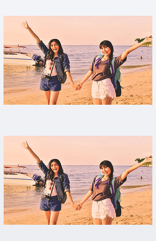 原创美丽的女孩在海滩上愉快地漫步版权可商用