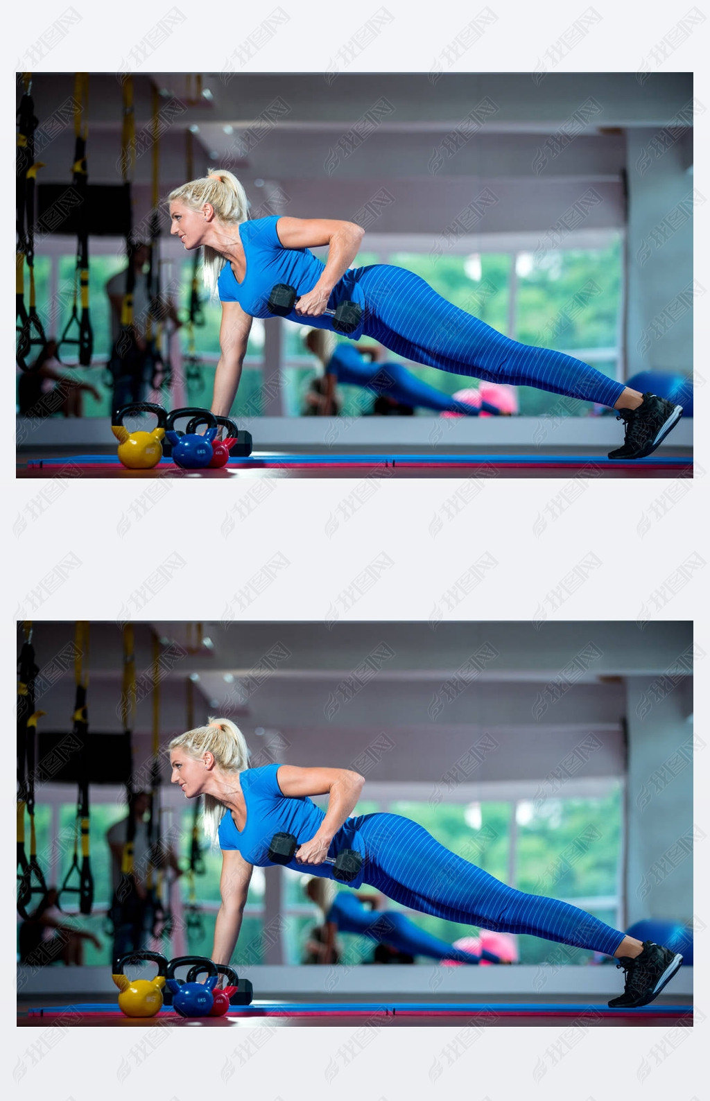 健身女孩做哑铃木板排锻炼举重哑铃妇女做地板锻炼叛逆行或突击队交替