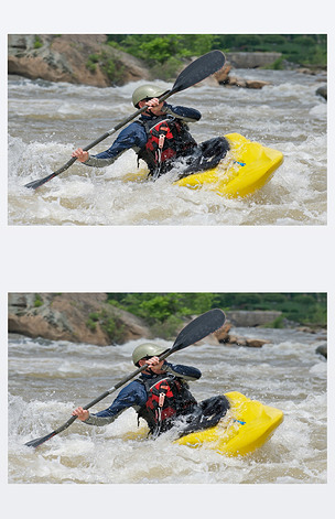 皮划艇皮艇的一条河在激流中搏击.