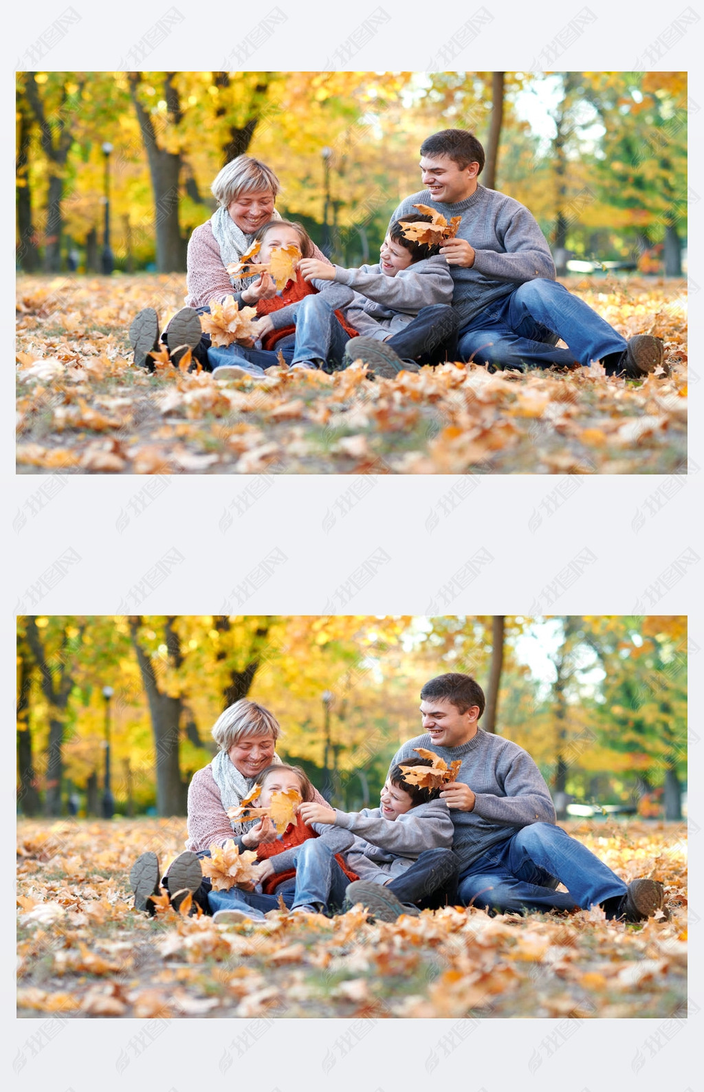 幸福的家庭坐在秋天城市公园在落叶孩子们和家长摆姿势微笑玩耍和娱乐