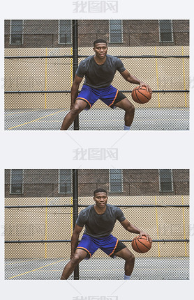 Afro-american basketball player training on a court in New York - Sportive man playing basket outdoo