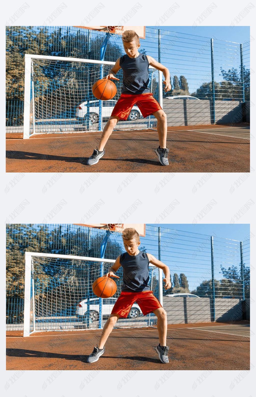 原创高加索青少年男孩街头篮球运动员与球在室外城市篮球场版权可商用