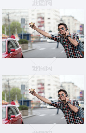 Young man on the street of big city , tries to catch taxi. Carry backpack on one shoulder, street, p