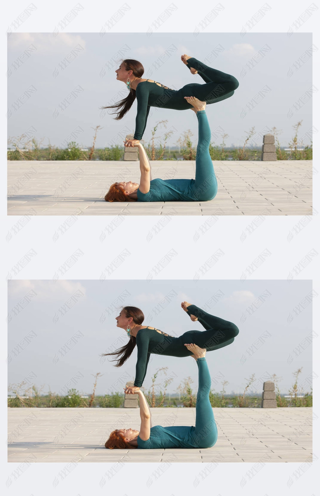 原创健身,伸展练习,两个有吸引力的女人做瑜伽.健康理念.