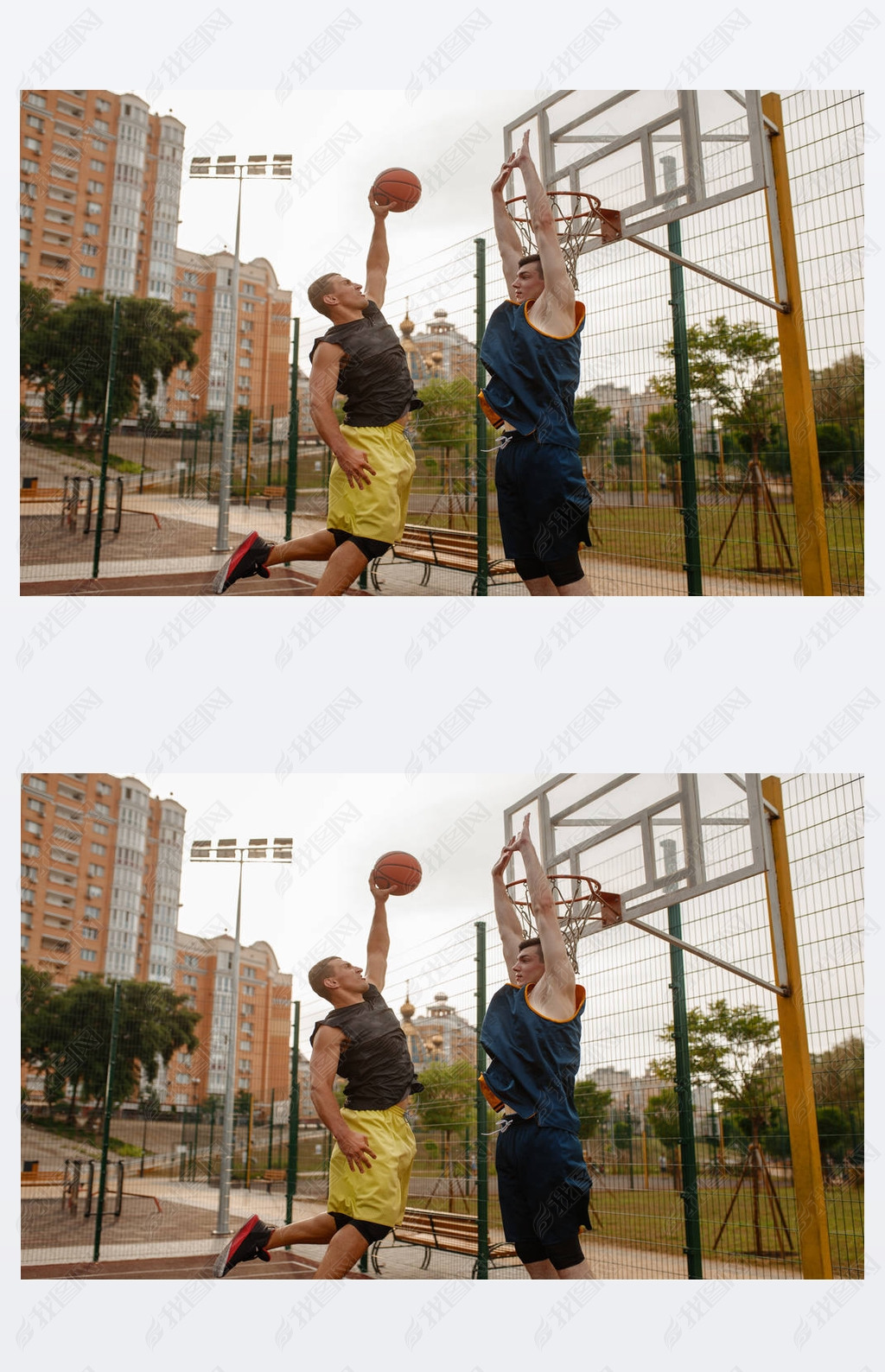 两个篮球运动员在室外场地上打球男子运动员穿着运动服在街头篮球训练