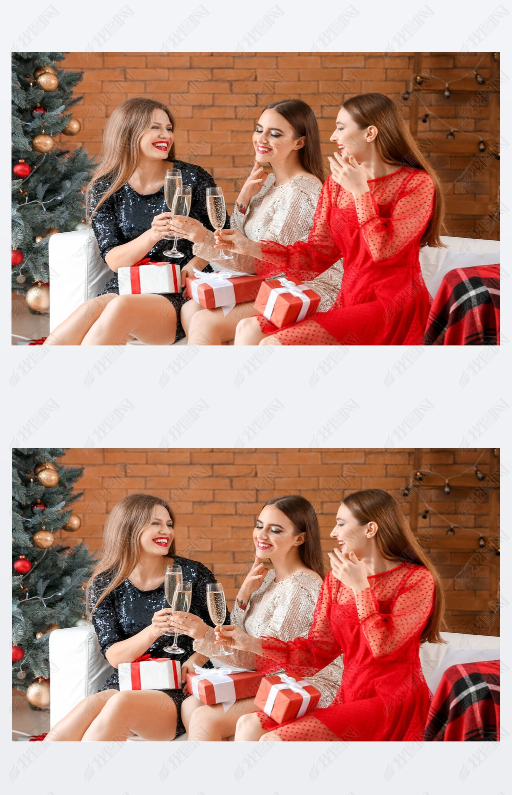 Beautiful young women with Christmas gifts and champagne at home