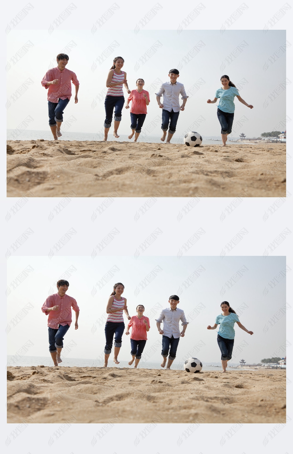 原创青年朋友们在沙滩上踢足球