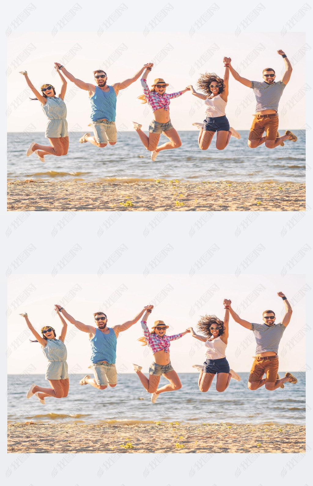 happy young people jumping on beach