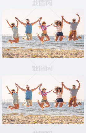 happy young people jumping on beach