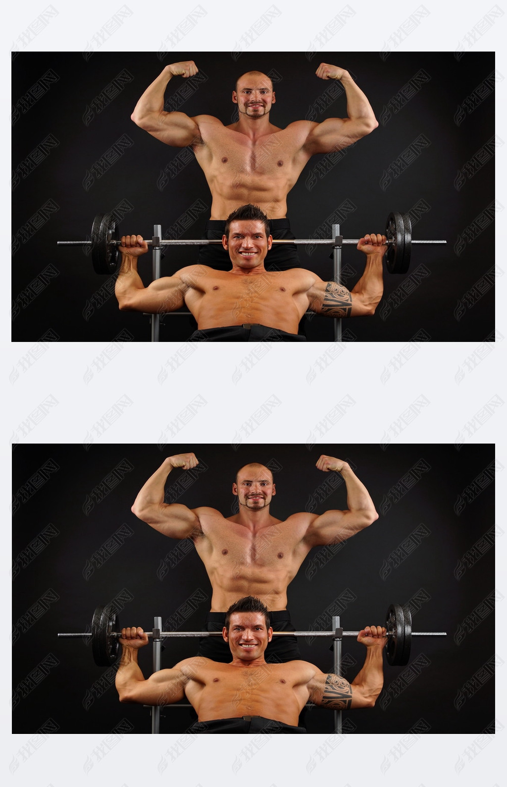 Muscular men posing with dumbbells