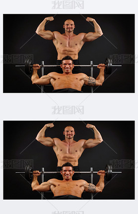 Muscular men posing with dumbbells