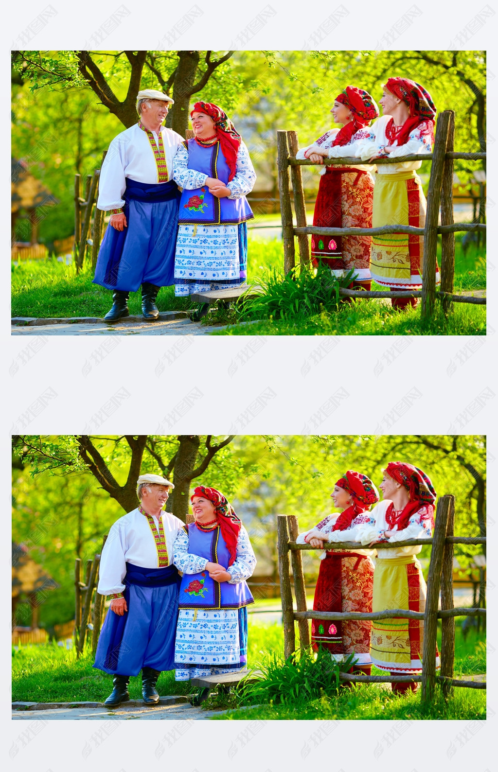 happy ukrainian family, dressed in national costumes, talking on the street